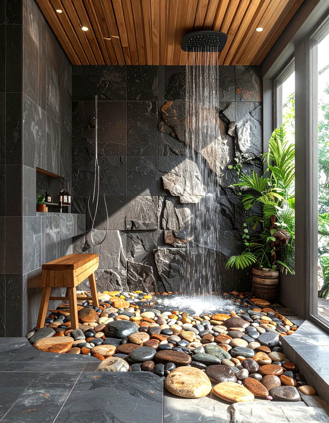 River Rock Shower - 30 natural stone bathroom ideas
