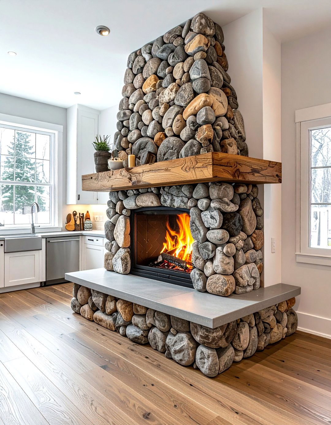 River rock kitchen fireplace - 30 rustic lodge kitchen ideas