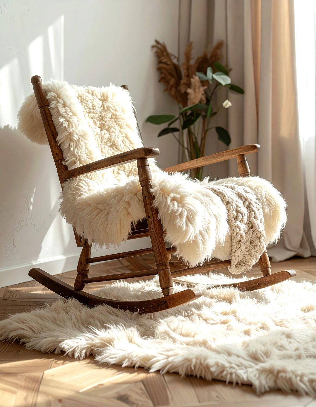 Rocking chair with sheepskin rug cover - 30 sheepskin rug ideas