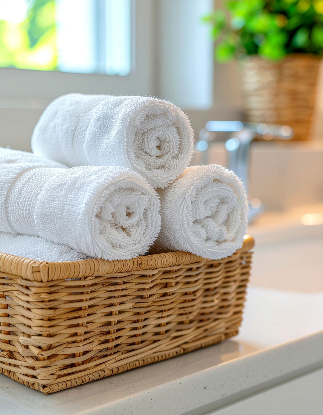 Rolled hand towels - 30 bathroom countertop styling ideas