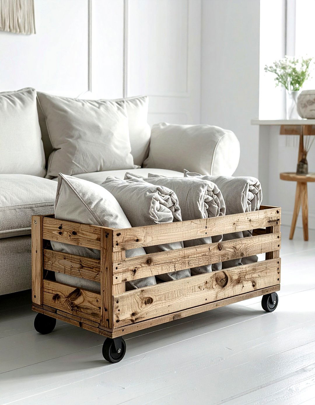 Rolling Crate Under Sofa - 30 living room pillow storage ideas