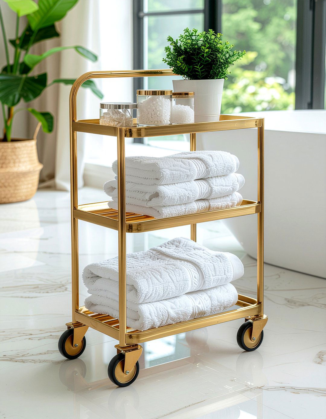 Rolling cart - 30 bathroom towel display ideas