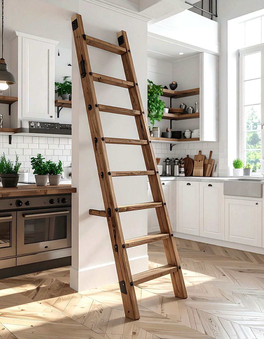 Rolling ladder for kitchen shelves - 30 French farmhouse kitchen ideas