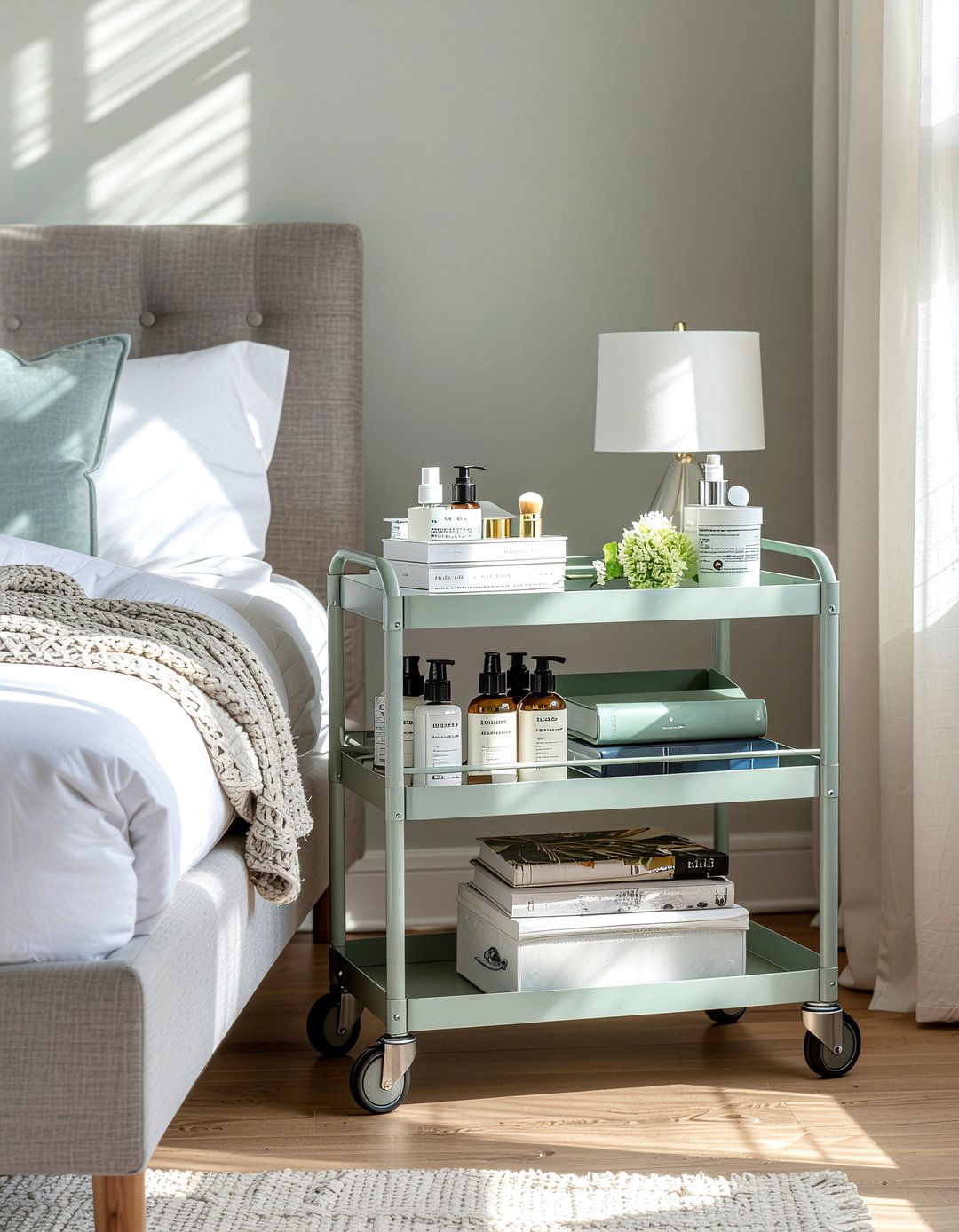 Rolling utility cart - 30 bedroom storage tips
