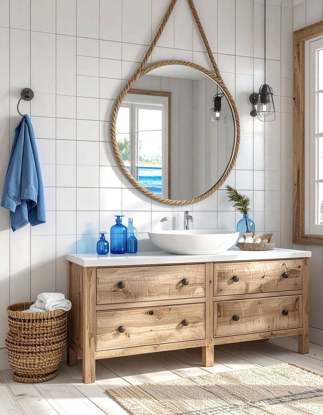 Rope hung oval mirror - 30 oval bathroom mirror ideas