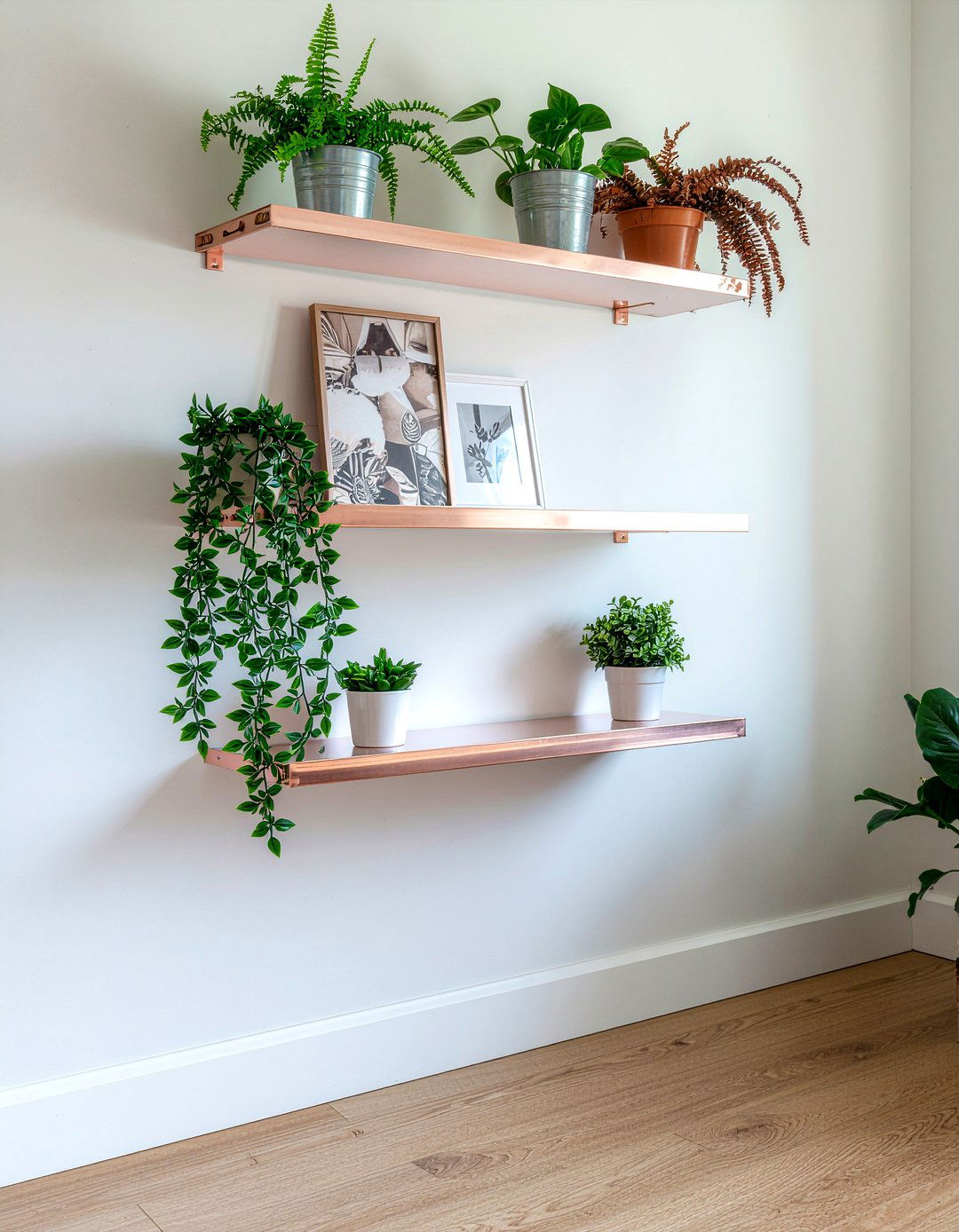 Rose Gold Floating Shelves - 30 rose gold living room ideas