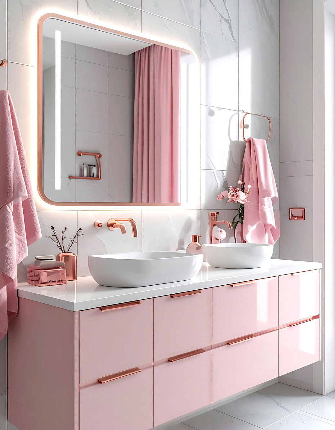 Rose gold accents - 30 pink and gray bathroom ideas