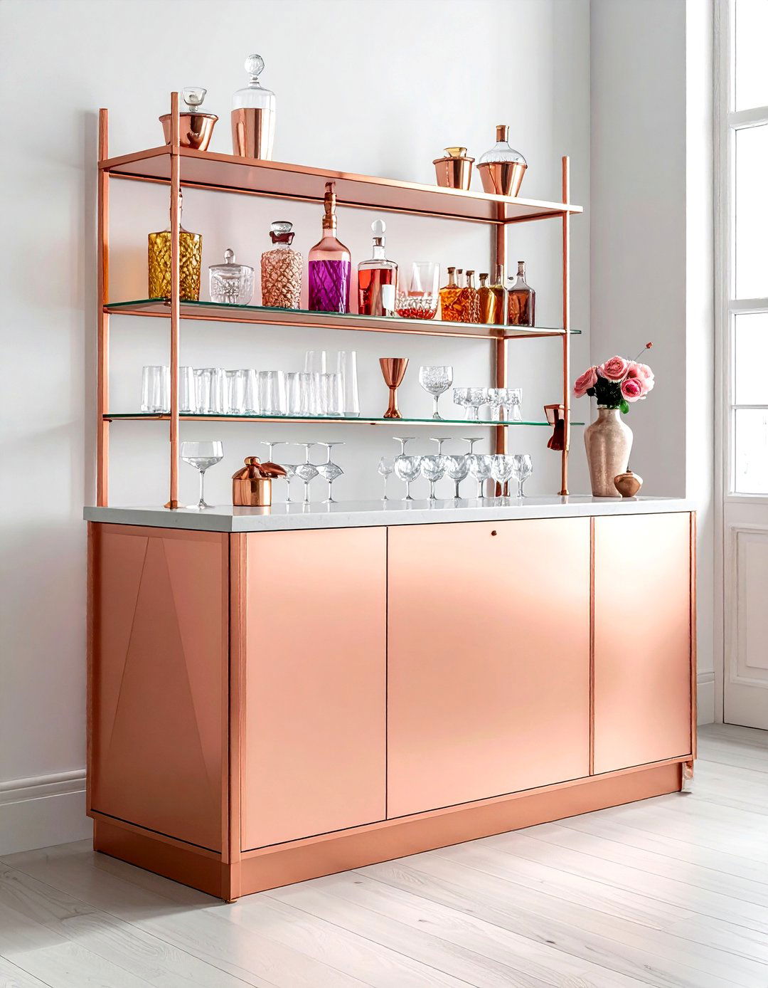 Rose gold bar cart - 30 rose gold decor ideas