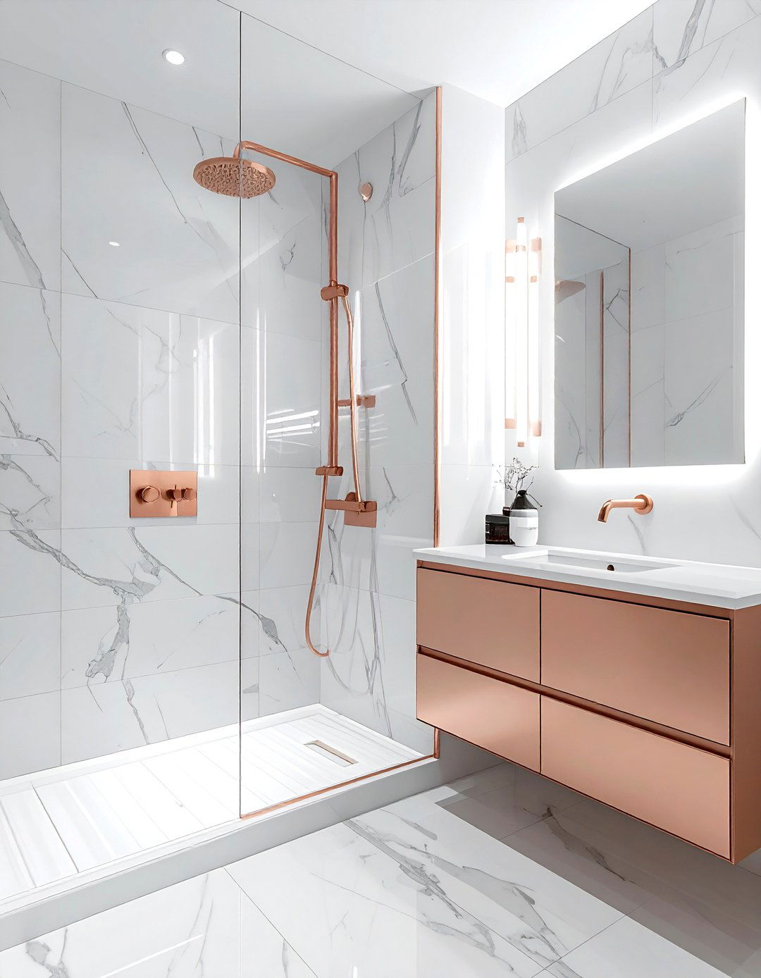 Rose gold bathroom fixtures - 30 pink and white bathroom ideas