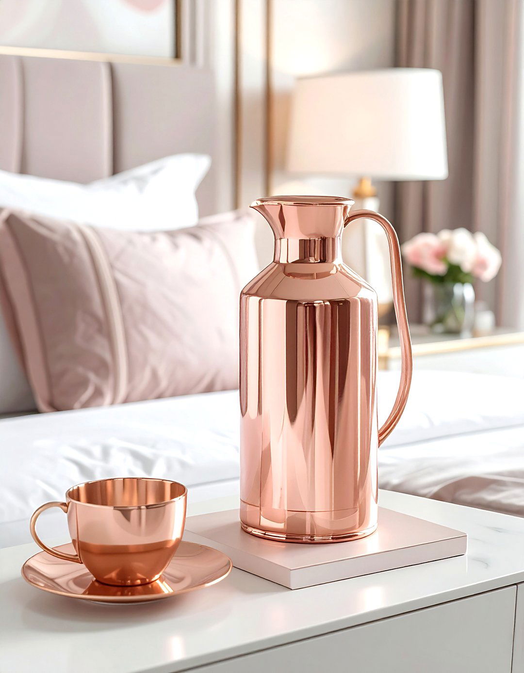 Rose gold bedside carafe - 30 rose gold decor ideas