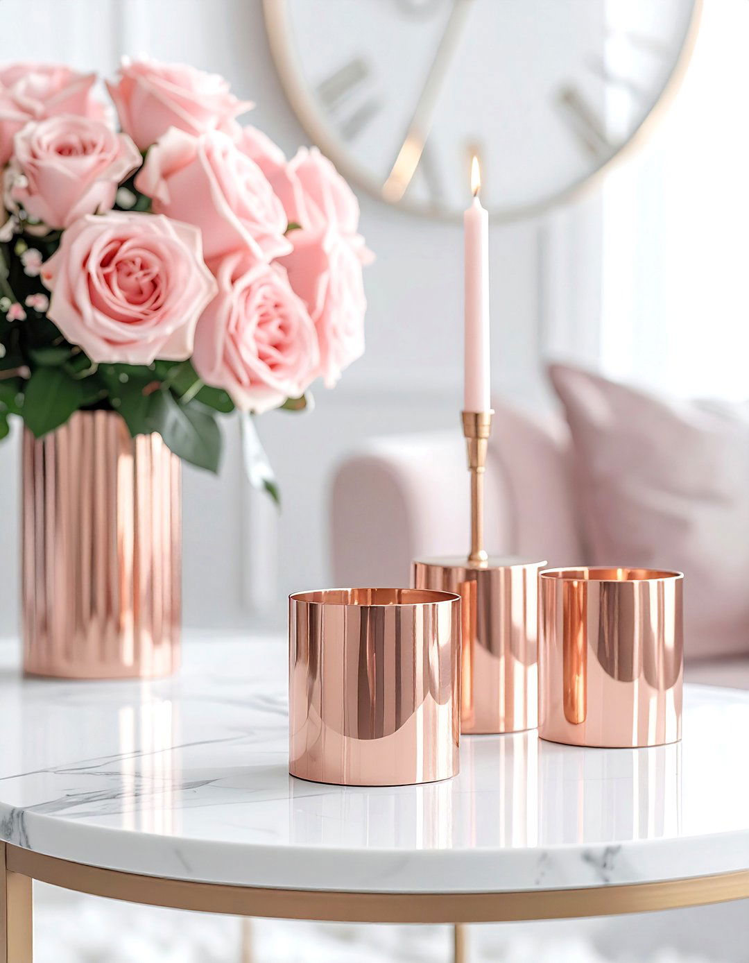 Rose gold decor - 30 blush and white living room ideas