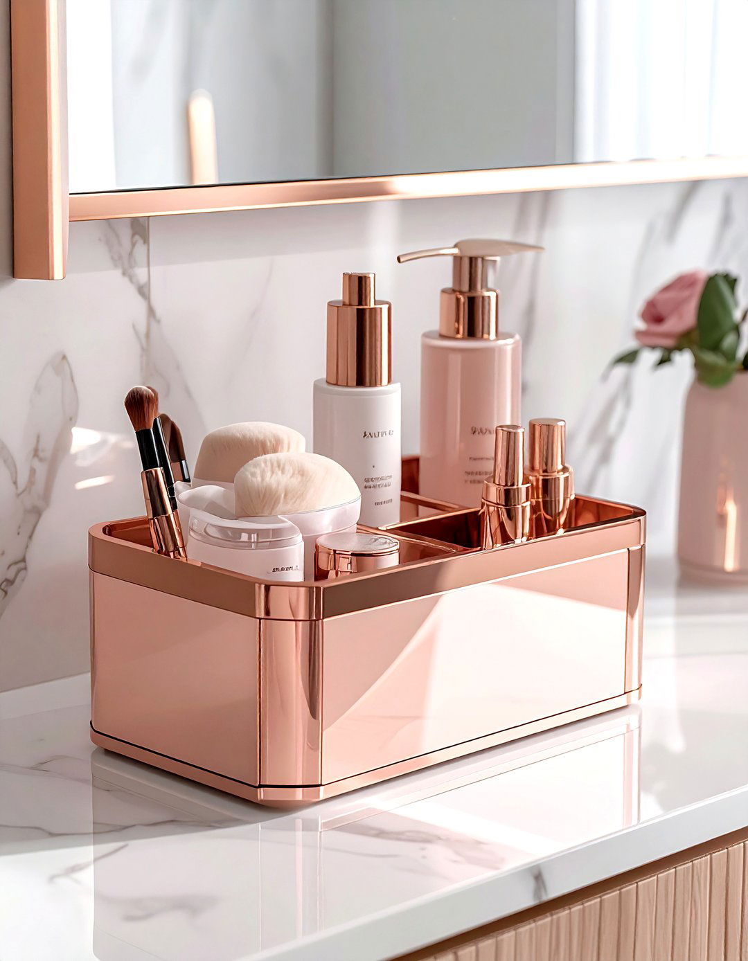Rose gold makeup organizer - 30 rose gold decor ideas
