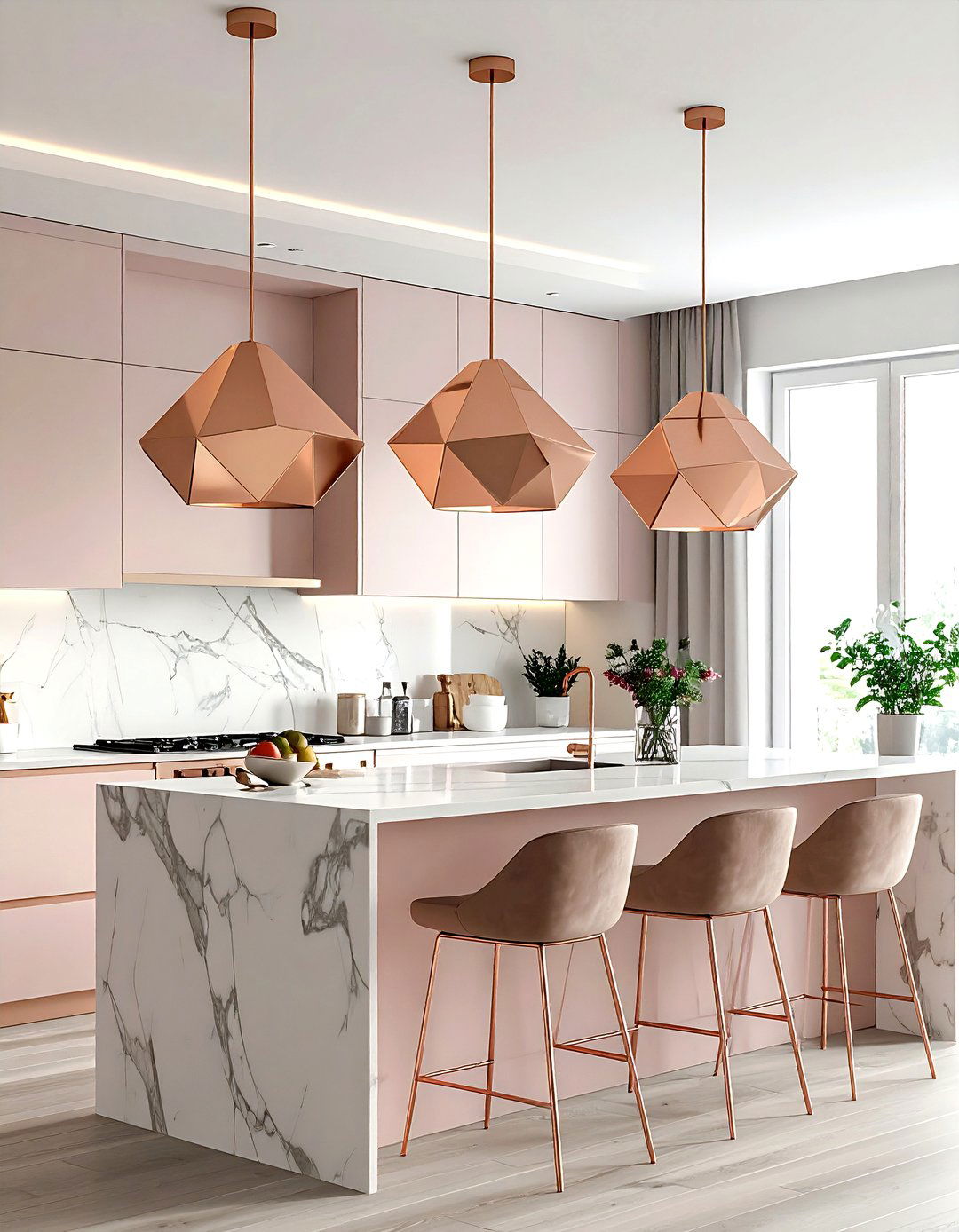 Rose gold pendant light - 30 rose gold decor ideas