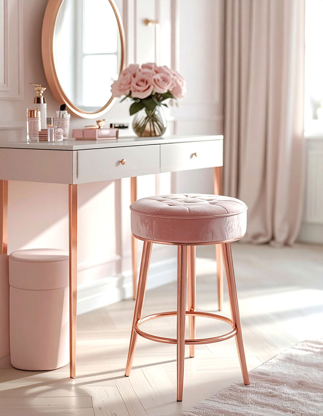 Rose gold vanity stool - 30 rose gold decor ideas