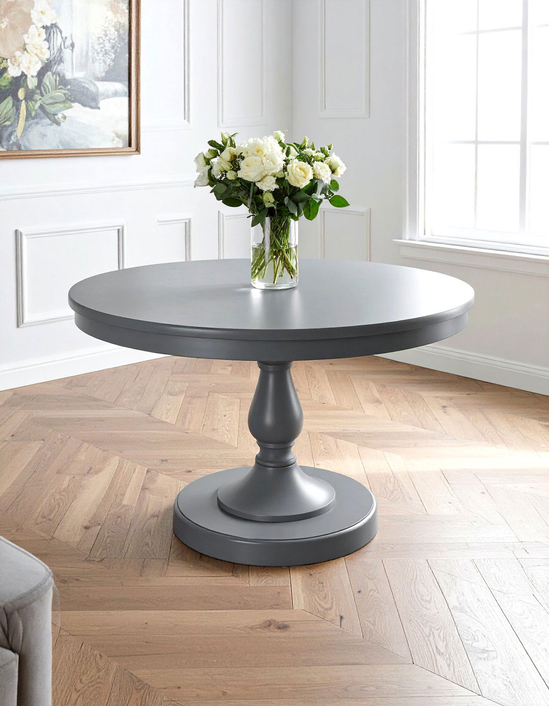 Round Gray Pedestal Table - 30 gray dining room furniture ideas