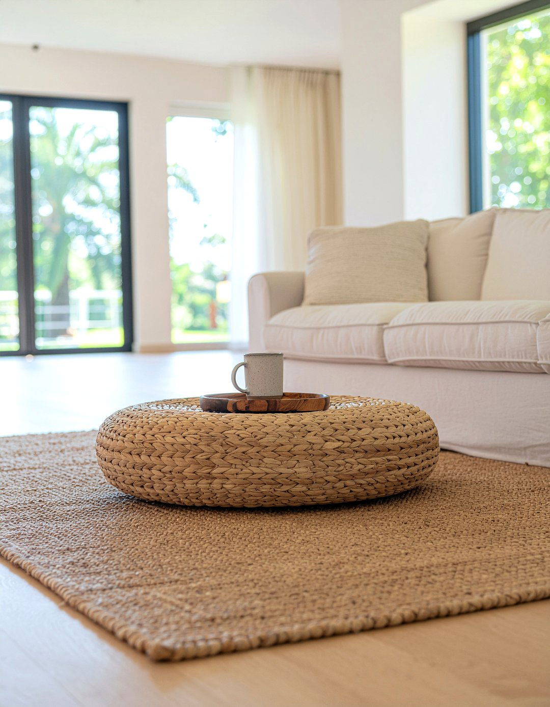 Round Jute Ottoman - 30 living room woven ottoman ideas