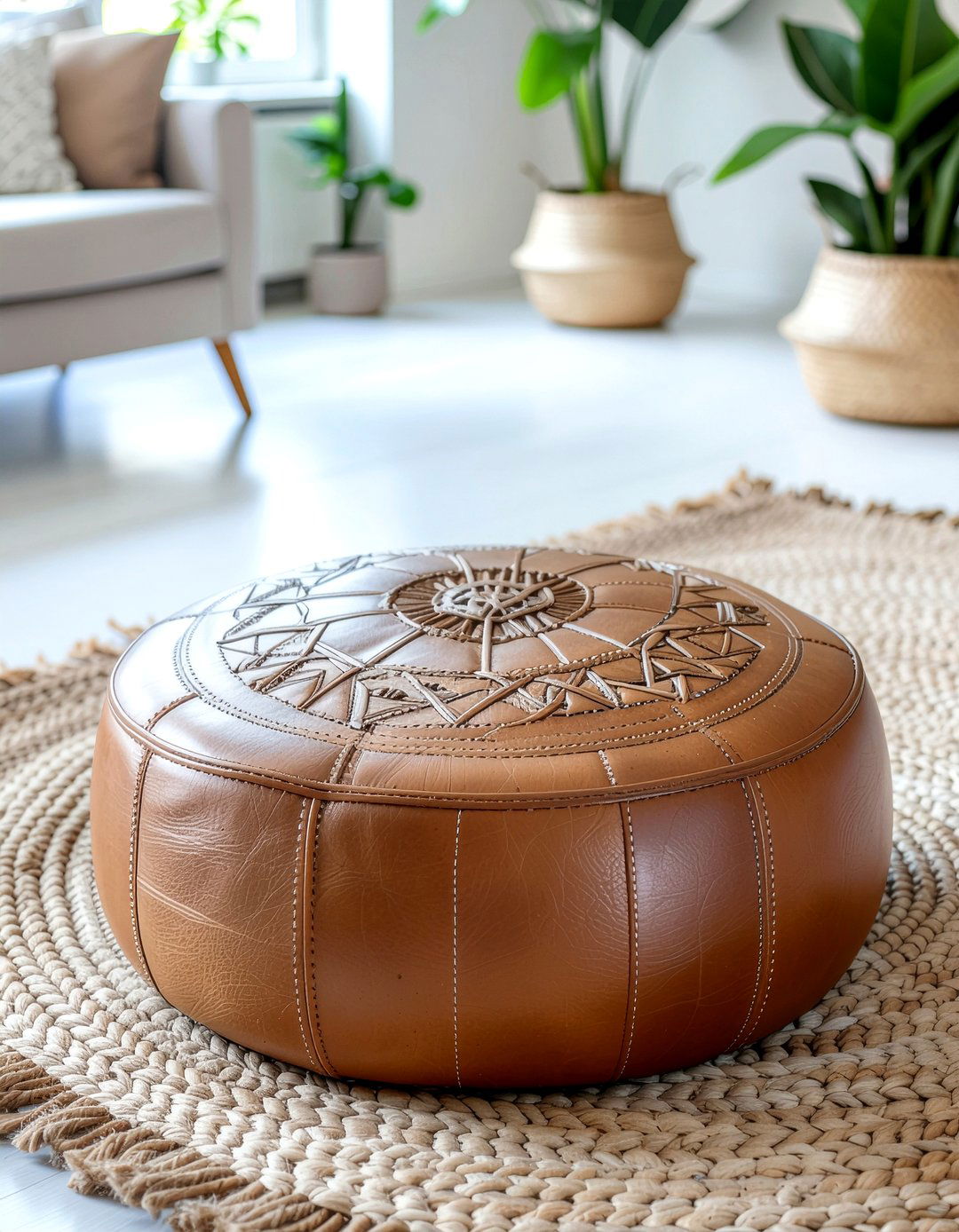 Round Leather Pouf - 30 living room footstool ideas