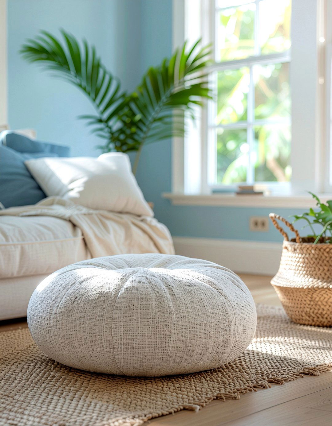 Round Linen Pillow - 30 living room floor cushion ideas