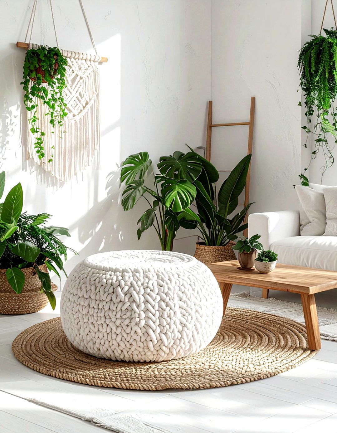 Round Macrame Pouf - 30 living room pouf seating ideas