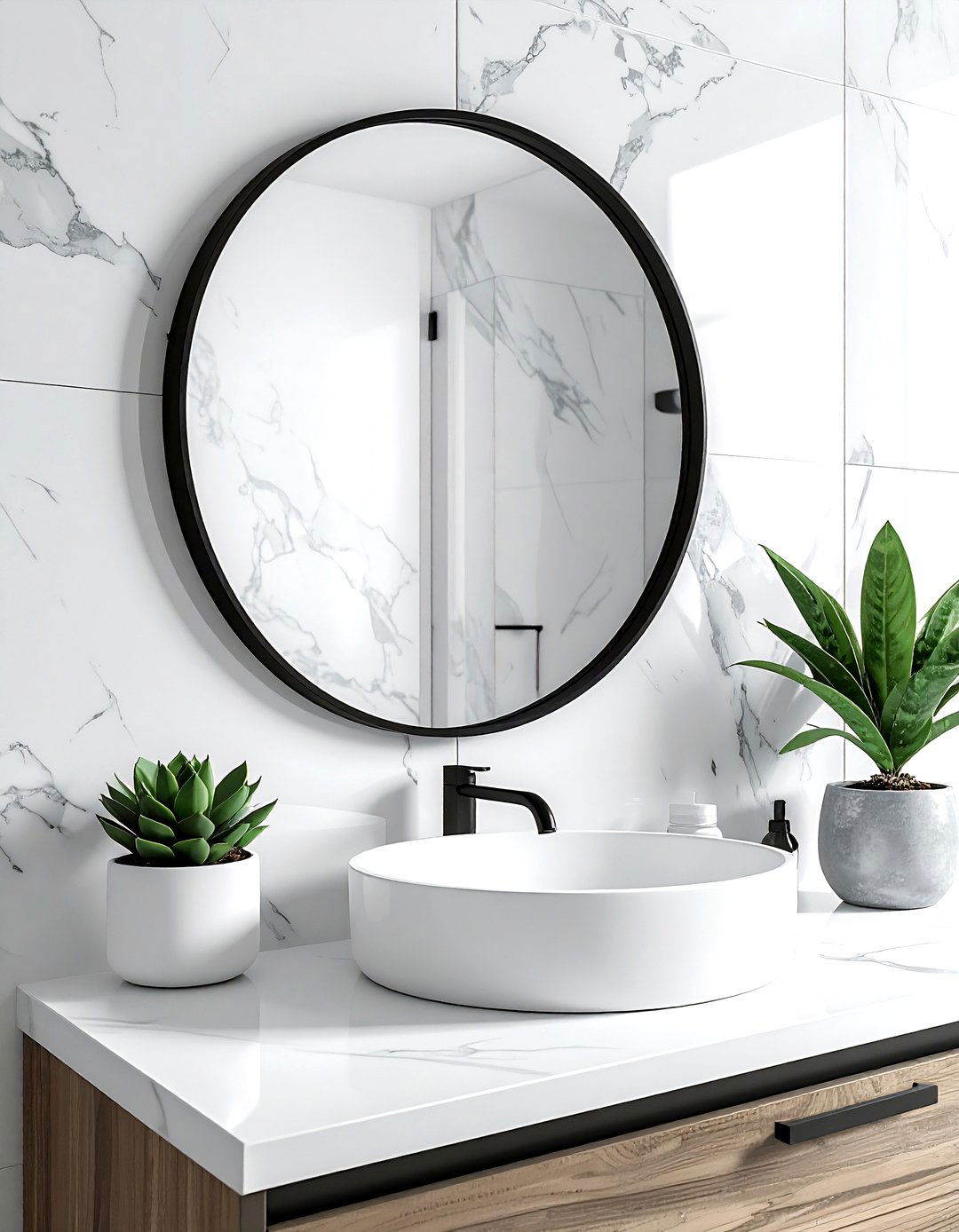 Round Mirror - 30 quick bathroom makeover ideas