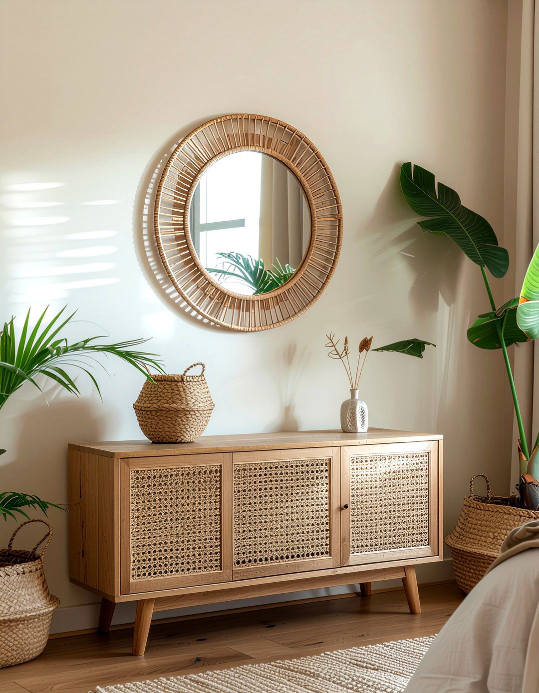 Round Rattan Mirror - 30 tropical bedroom ideas