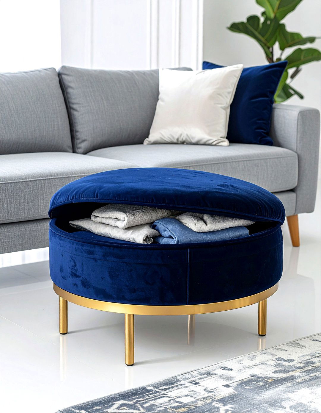Round Storage Ottoman - 30 living room pillow storage ideas