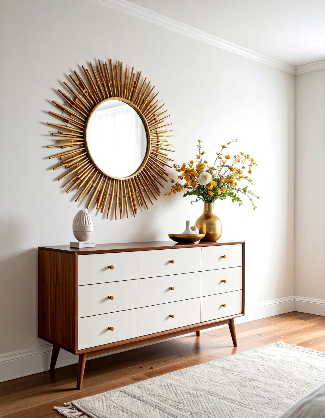 Round Sunburst Mirror - 30 mid-century modern bedroom ideas