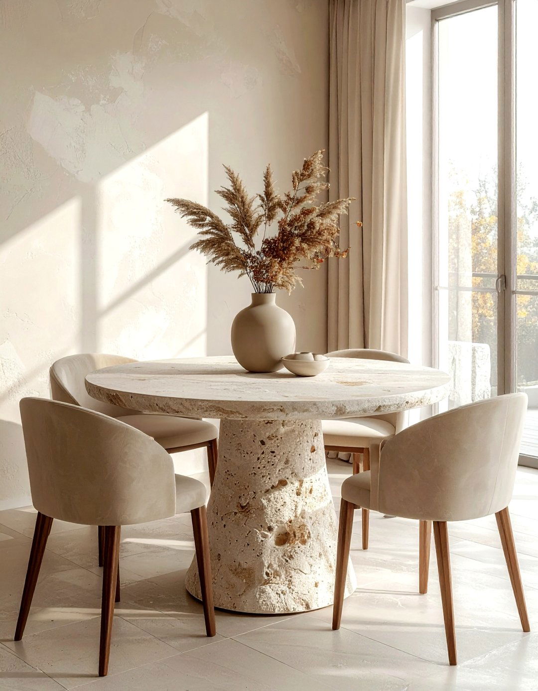 Round Travertine Dining Table - 30 beige dining room furniture ideas