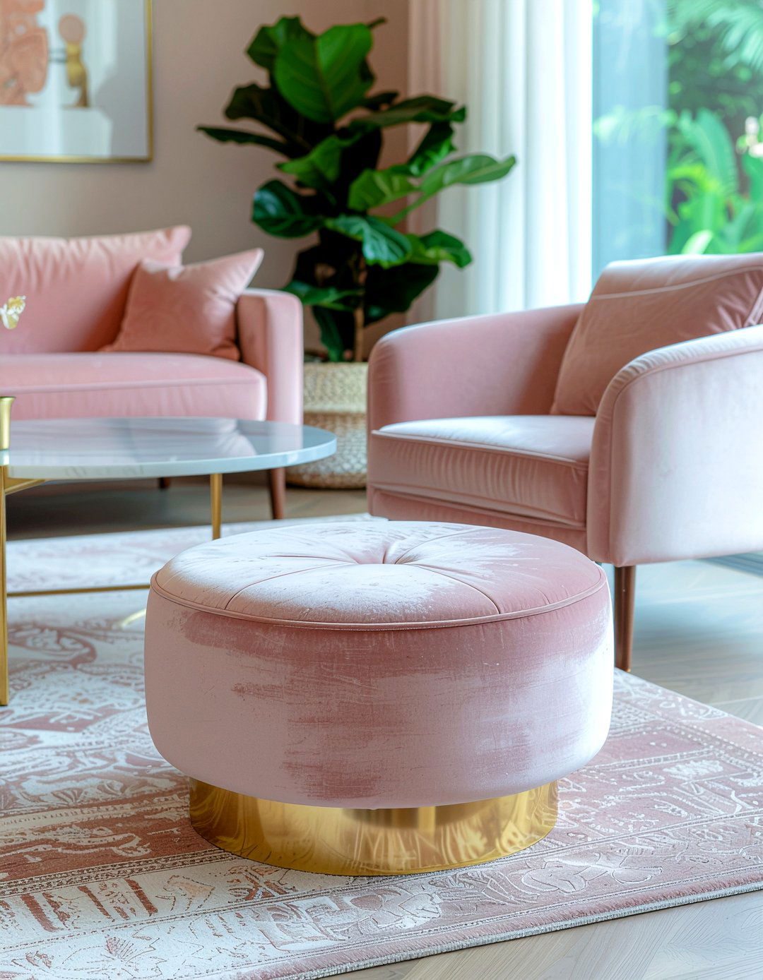 Round Velvet Pouf With Gold Base - 30 living room pouf ideas