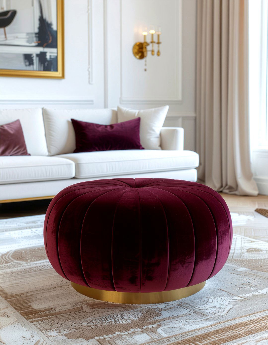 Round Velvet Pouf - 30 living room floor cushion ideas