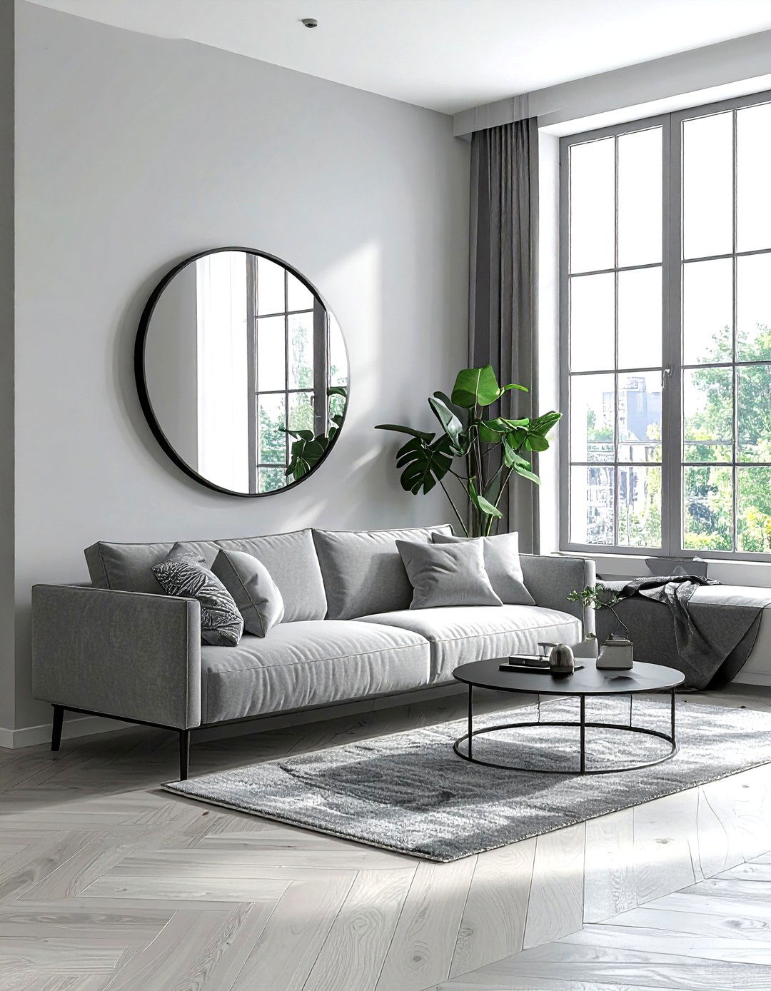 Round Wall Mirror - 30 scandinavian grey living room ideas