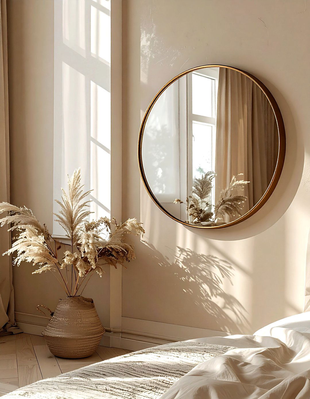 Round Wall Mirror - 30 beige bedroom accessories ideas