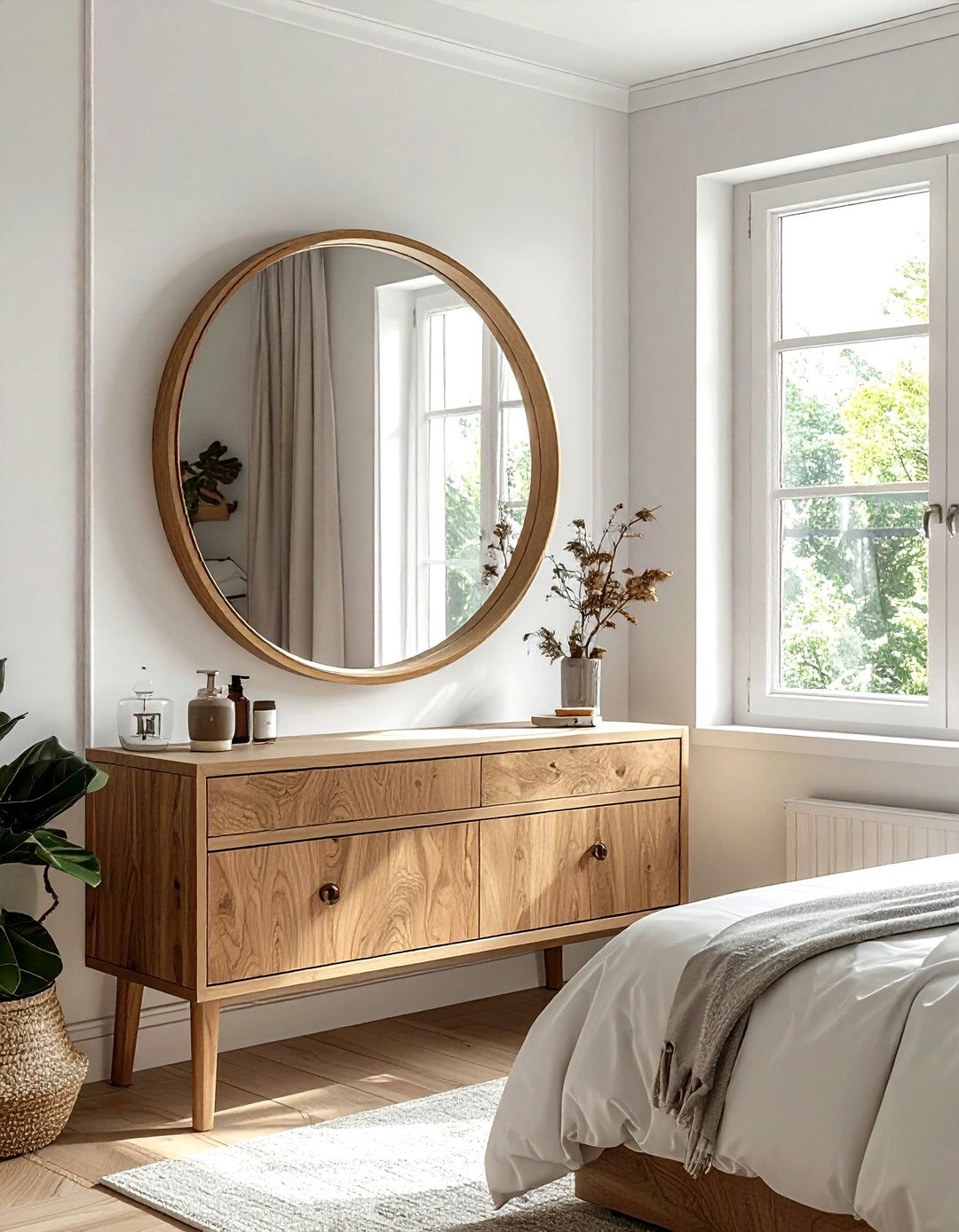Round Wood Framed Mirror - 30 soft minimalist bedroom ideas