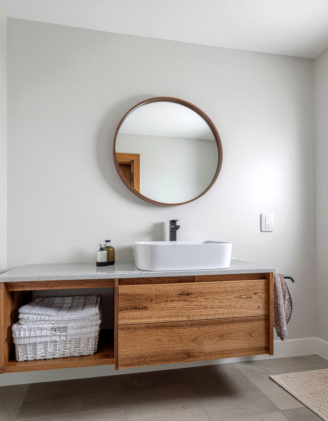 Round Wood Mirror - 30 rustic modern bathroom ideas