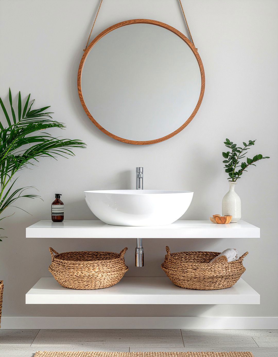Round Wood Mirror - 30 bathroom high-low mixing ideas
