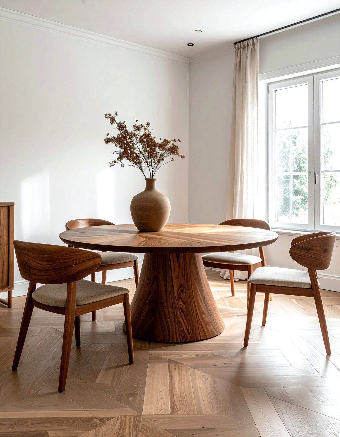 Round Wood Pedestal Table - 30 warm neutral dining room ideas