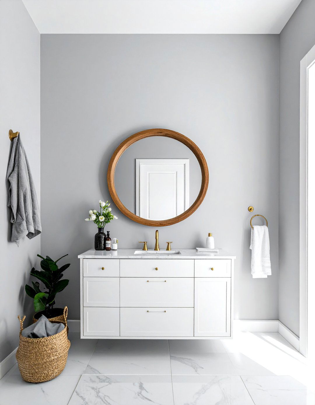Round Wooden Mirror - 30 bathroom warmth ideas