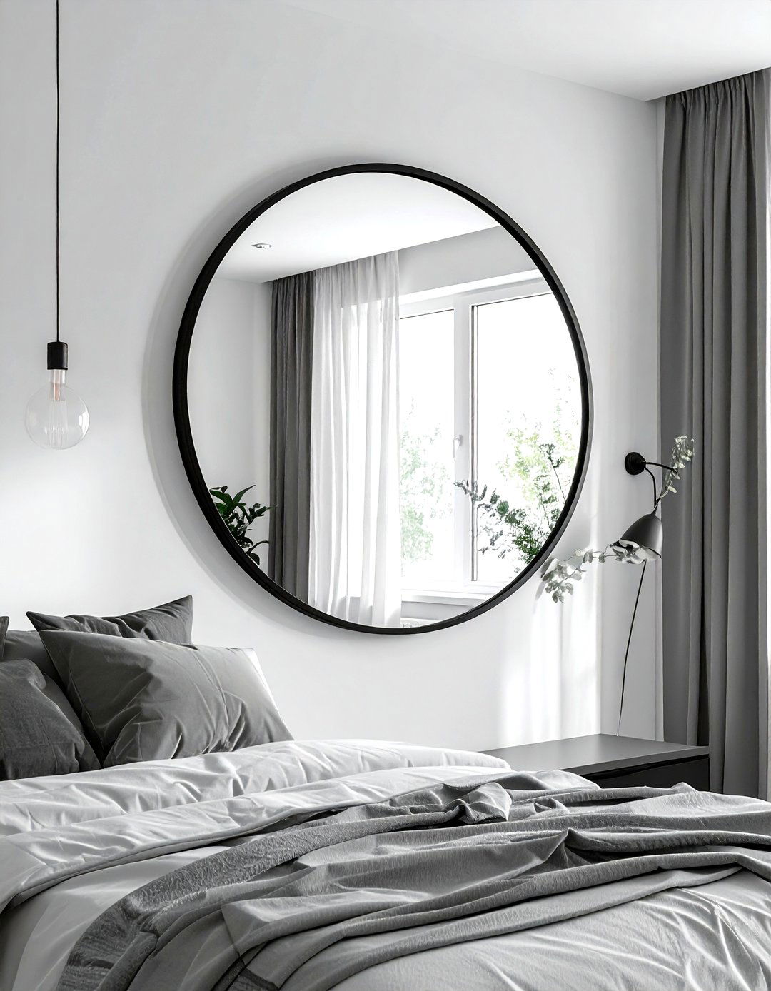 Round black wall mirror - 30 scandinavian grey bedroom ideas