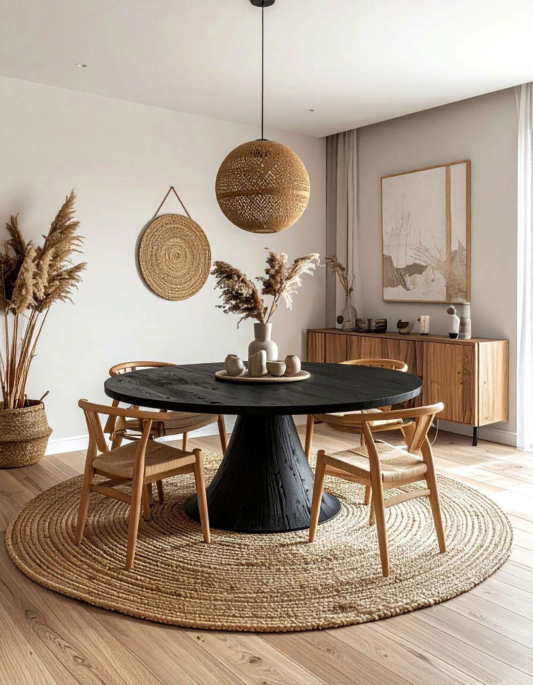 Round black wooden dining table - 30 black dining room furniture ideas