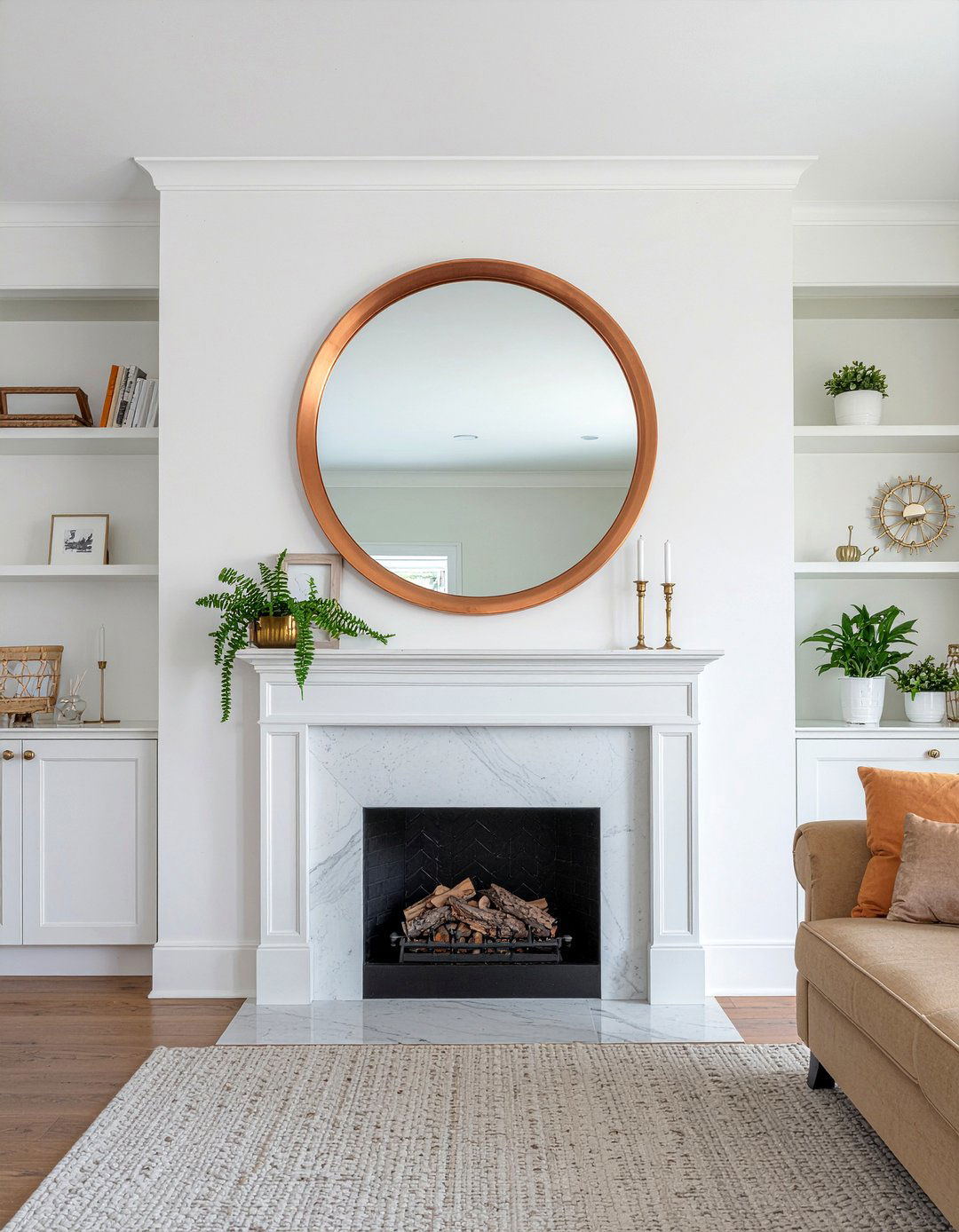 Round copper mirror - 30 copper accent living room ideas
