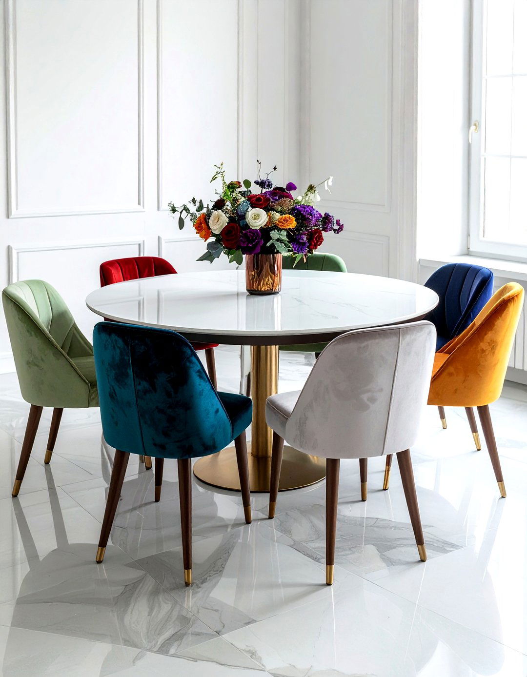 Round dining table velvet chairs - 30 velvet dining room ideas