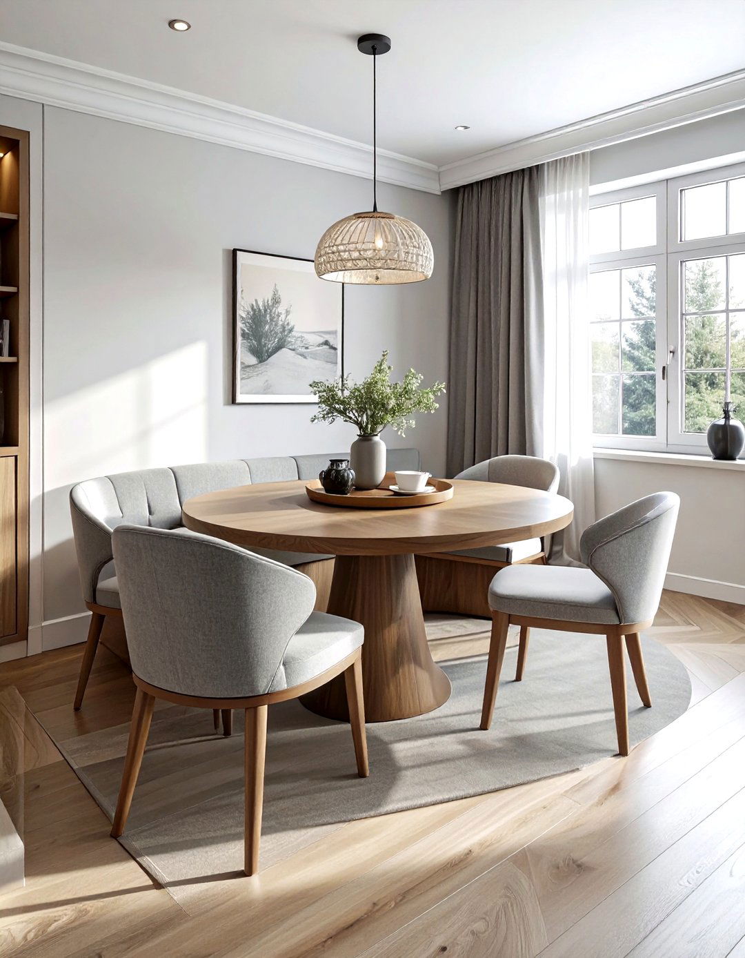 Round dining table with bench - 30 round dining room ideas