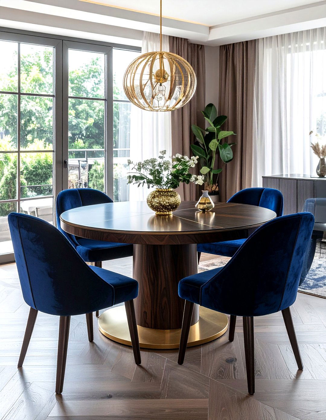 Round dining table with velvet chairs - 30 round dining room ideas