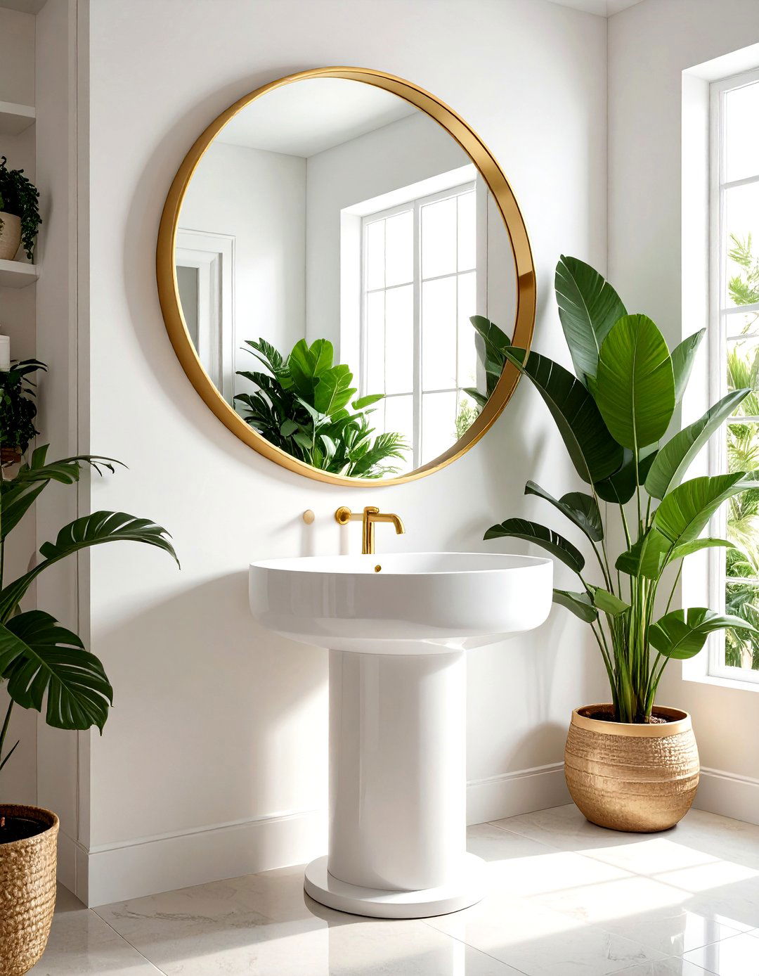 Round gold bathroom mirror - 30 Mediterranean bathroom ideas