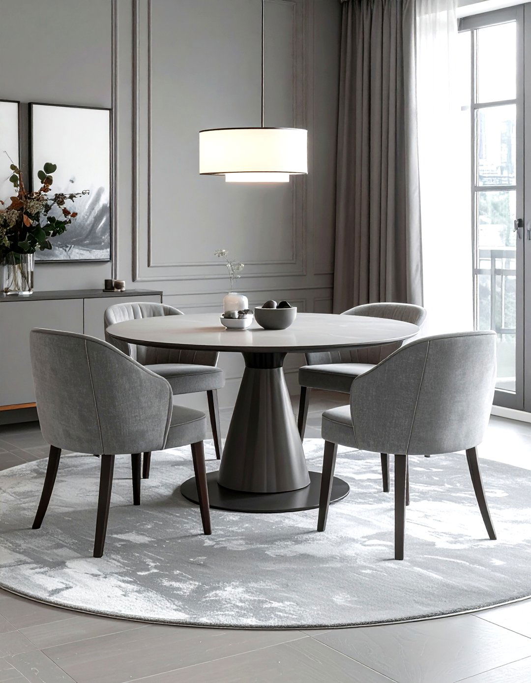 Round grey pedestal dining table - 30 grey dining room furniture ideas