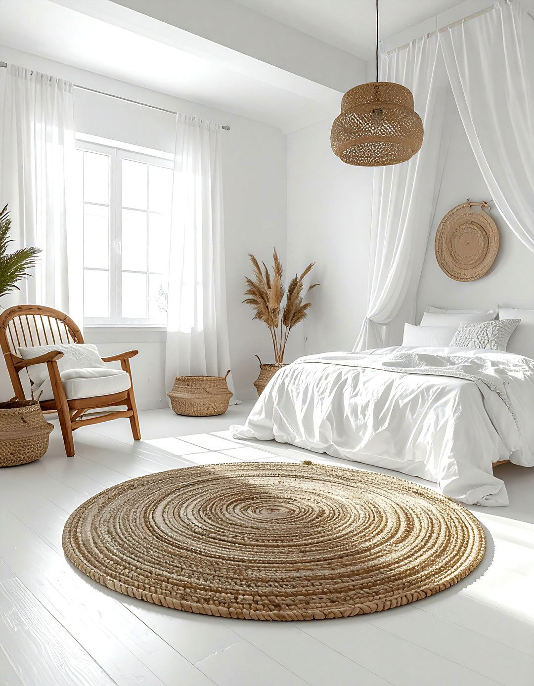 Round jute rug - 30 bohemian white bedroom ideas