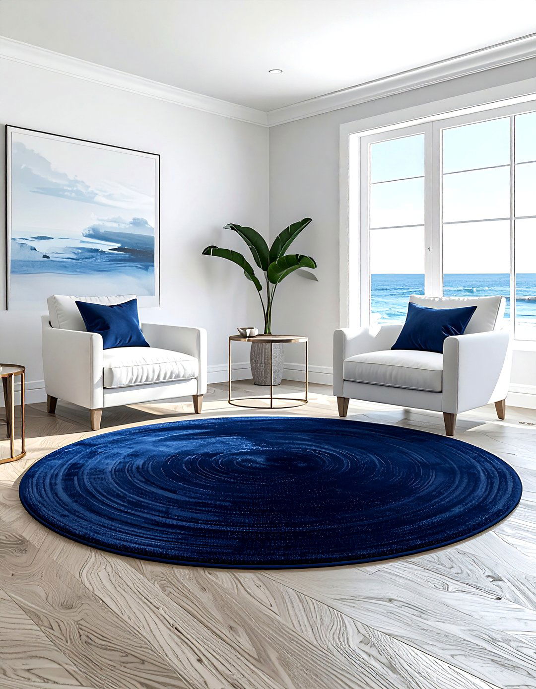 Round navy blue rug - 30 coastal navy living room ideas