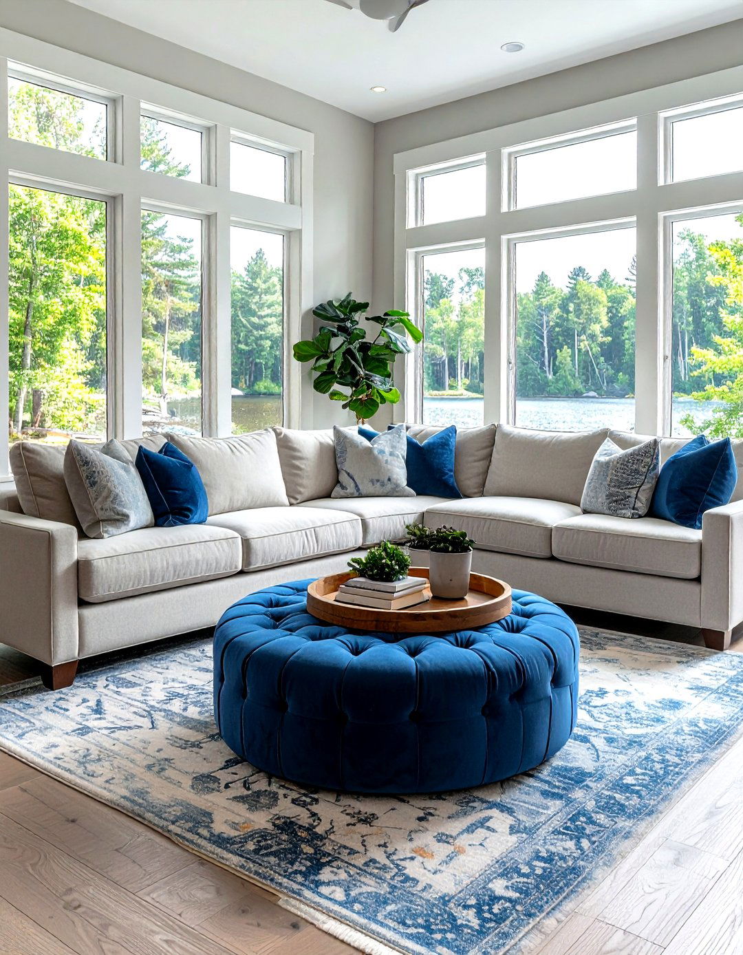 Round ottoman table living room - 30 living room lake house furniture ideas