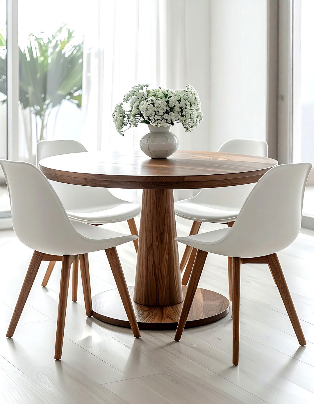 Round pedestal wood table white chairs - 30 brown and white dining room ideas