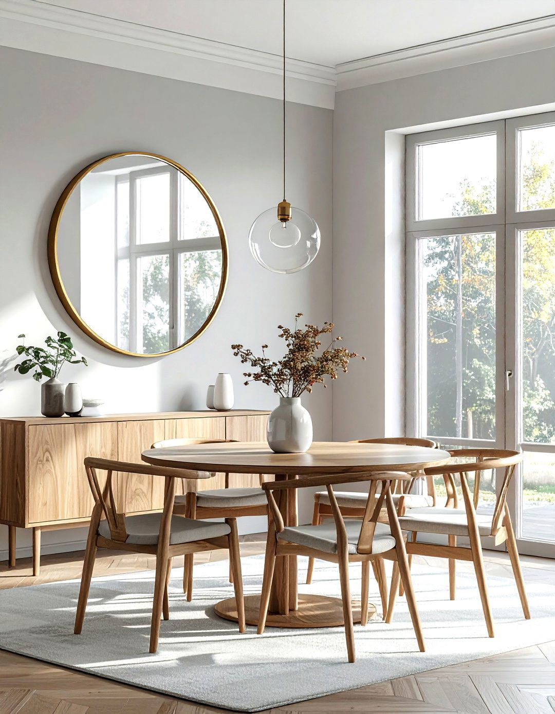 Round wall mirror - 30 golden hour dining room ideas